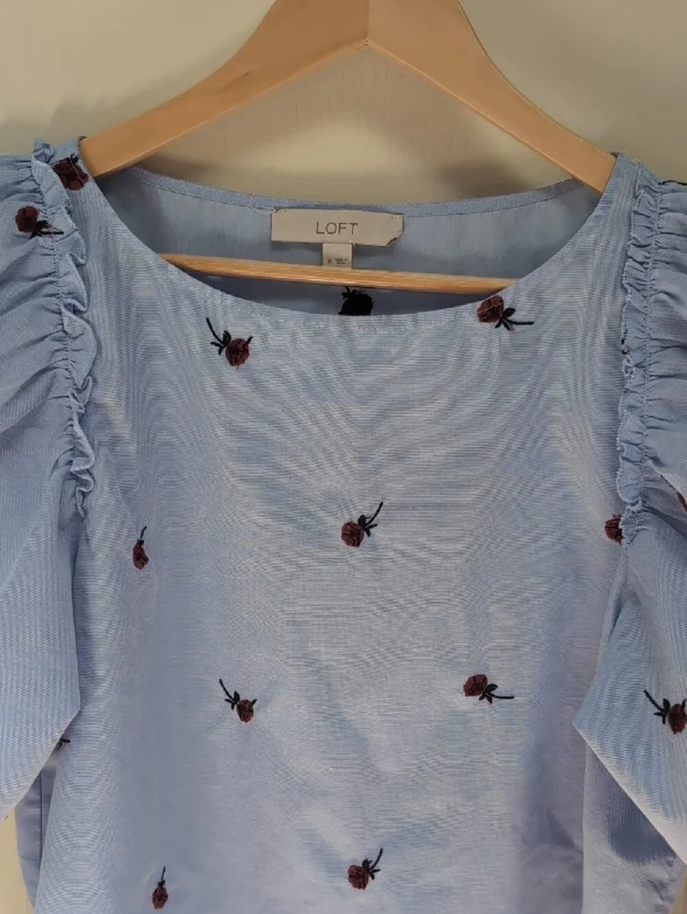 LOFT Sky Blue Puff-Sleeve Embroidered Top